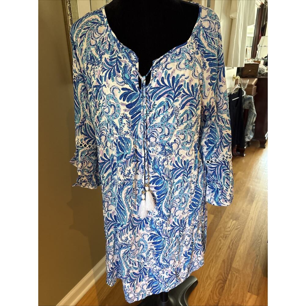 Lilly Pulitzer Azita Baha Blue Bird Is The World Woman’s Dress Tassel Tie Sz L